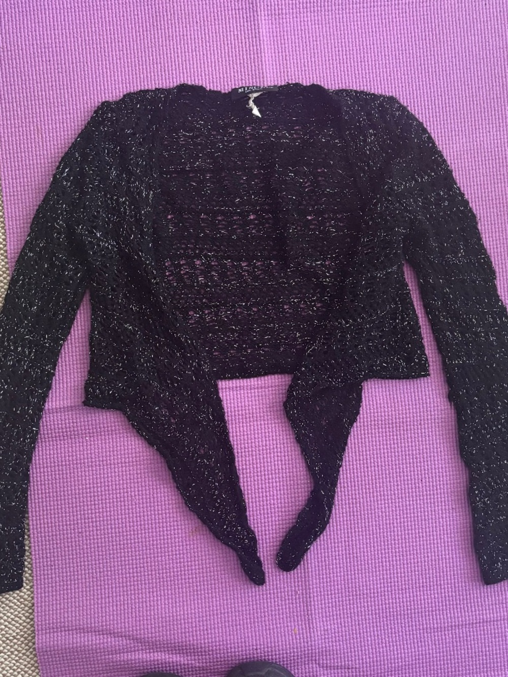 True y2k 00s black glitter knit cropped cardigan shrug bolero crop bow tie front